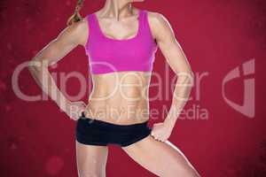 Composite image of female bodybuilder posing in pink sports bra