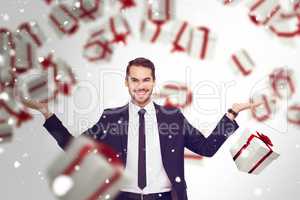 Composite image of businessman with open hands looking at the ca