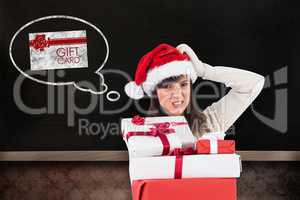 Composite image of attractive santa woman scratching head and ho