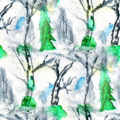 seamless background watercolor tree forest green brush color water abstract art