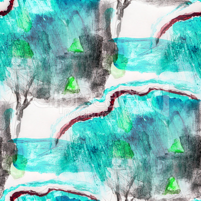seamless background watercolor tree forest blue brush color water abstract art