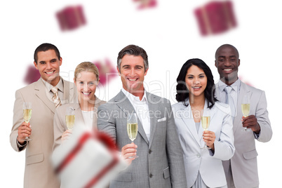 Composite image of business team celebrating a success with cham