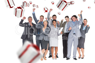 Composite image of excited business team cheering at camera Composite image of excited business team cheering at camera