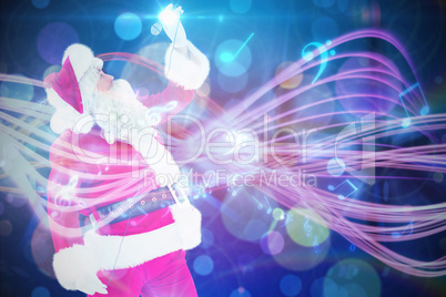 Composite image of happy santa claus singing with microphone