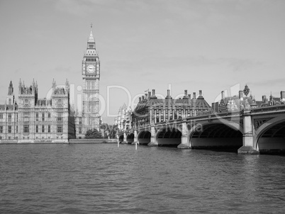 Black and white Houses of Parliament in London