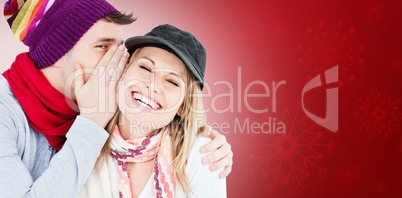 Composite image of young couple sharing a secret