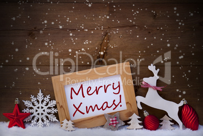 Red Christmas Card, Snowflakes, Merry Xmas, Reindeer And Ball