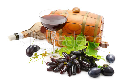 glass of wine, barrel and bottle isolated on white background