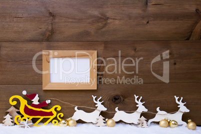 Santa Claus Sled, Reindeer, Snow, Copy Space, Golden Ball, Frame