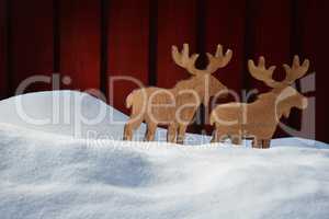 Christmas Card On White Snow With Moose Coyple , Copy Space