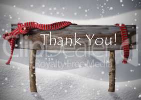 Brown Christmas Sign Thank You, Snow, Red Ribbon, Snowflakes