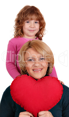 daughter and mother with big red heart