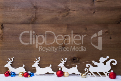 Santa Claus Sled With Reindeers On Snow, Copy Space