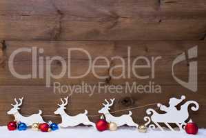 Santa Claus Sled With Reindeers On Snow, Copy Space