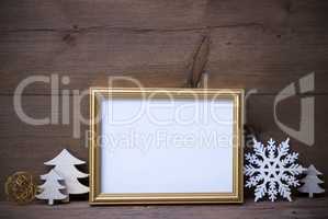 Picture Frame With White Christmas Decoration, Copy Space
