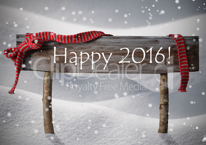 Brown Christmas Sign Happy 2016, Snow, Red Ribbon, Snowflakes