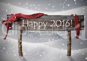 Brown Christmas Sign Happy 2016, Snow, Red Ribbon, Snowflakes