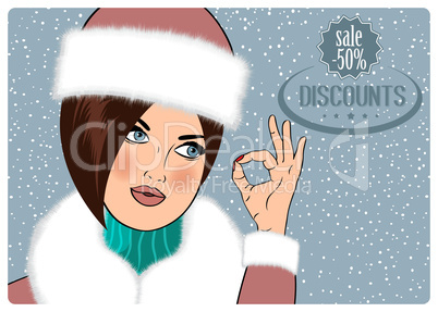 Sexy, beautiful woman in the winter announcing sale discounts