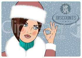 Sexy, beautiful woman in the winter announcing sale discounts