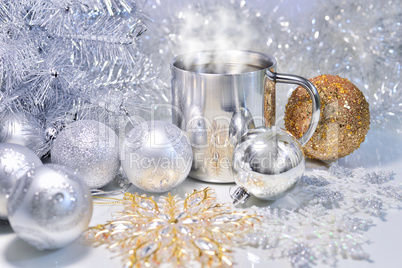 Christmas decorations with a mug of hot coffee