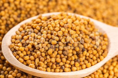 Wooden spoon of mustard seeds on brown table