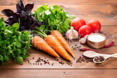 Fresh ingredients for cooking on the wood table