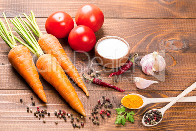 Fresh ingredients for cooking on the wood table