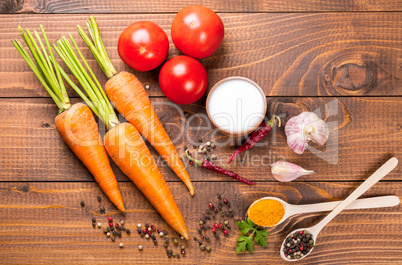 Fresh ingredients for cooking on the wood table