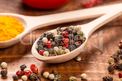 Various spices for cooking oh the wood table