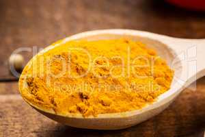 Close up of measuring spoon in pile of organic turmeric (curcuma) powder