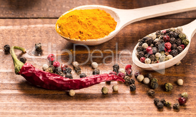 Various spices for cooking oh the wood table