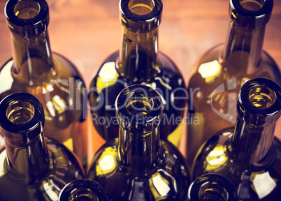 Closeup of empty bottles of wine