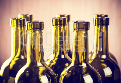 Closeup of empty bottles of wine