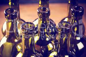 Closeup of empty bottles of wine