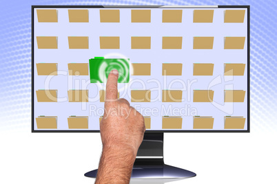 Hand pointing at screen with file folders