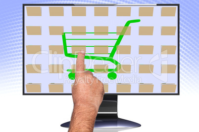 Hand pointing at screen with shopping cart