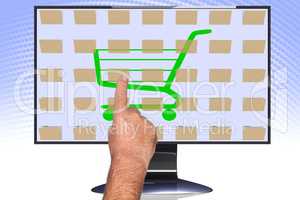 Hand pointing at screen with shopping cart
