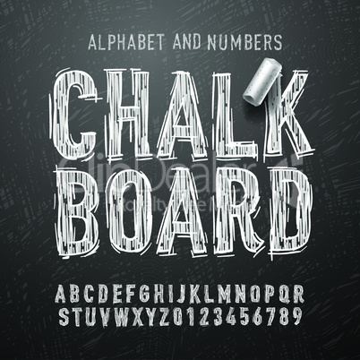 Chalk board alphabet letters and numbers, vector illustration.