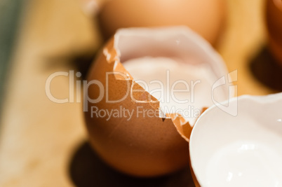 Macro of empty cracked brown egg shells