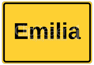 Gelbes Ortsschild als Namensschild mit dem Namen Emilia