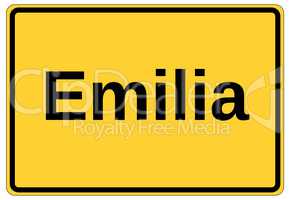 Gelbes Ortsschild als Namensschild mit dem Namen Emilia