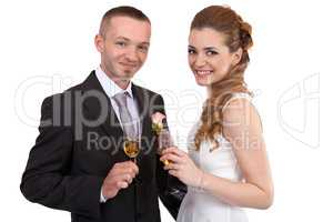 Young wedding couple with champagne glasses