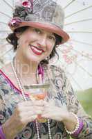 1920s Dressed Girl with Parasol and Glass of Wine Portrait