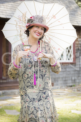 1920s Dressed Girl with Parasol and Glass of Wine Portrait