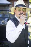 1920s Dressed Man Near Vintage Car Smoking Cigar