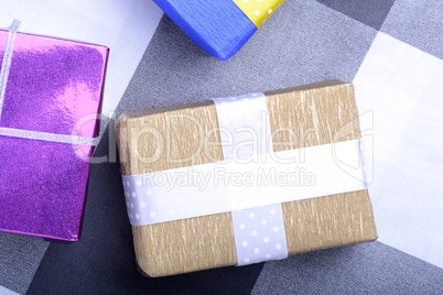 bright gifts with ribbons, holiday invitation card