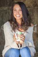 Asian Eurasian Girl Woman on Hay Bale Drinking Coffee Tea