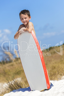 Boy Male Child on Beach With Surfboard