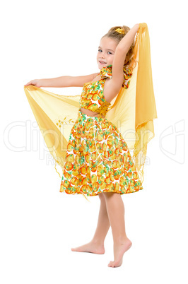 Little Girl in a Yellow Dress with Shawl Posing