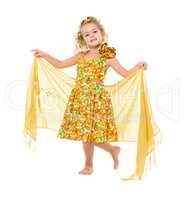 Little Girl in a Yellow Dress with Shawl Posing